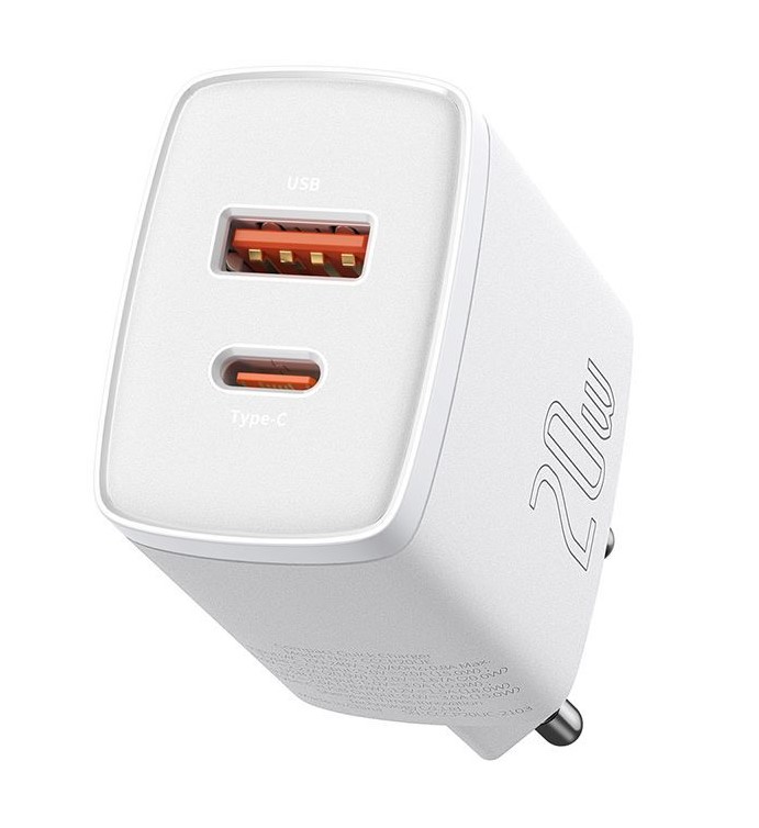 Baseus Compact Quick Charger USB + Type-C U+C 20W (Белый) Фото Baseus Compact Quick Charger USB + Type-C U+C 20W (Белый)