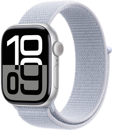 Умные часы Apple Watch Series 10 (42mm) Aluminum with Sport Loop (серебро/голубой)
