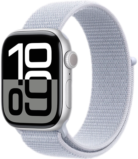 Умные часы Apple Watch Series 10 (42mm) Aluminum with Sport Loop (серебро/голубой)